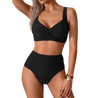 Women's Twist Front Swimsuit Padded High Waisted Ruched Bikini Set Two Piece Bathing Suit