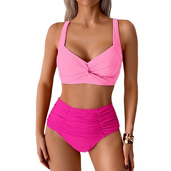 Women's Twist Front Swimsuit Padded High Waisted Ruched Bikini Set Two Piece Bathing Suit