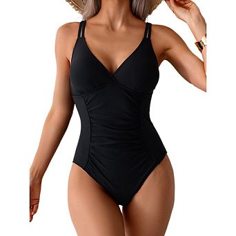 Women One Piece Swimsuits Slim Fit V Neck Bikini Bathing Suit Waist Pleats Swimwear