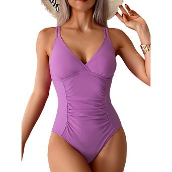 Women One Piece Swimsuits Slim Fit V Neck Bikini Bathing Suit Waist Pleats Swimwear