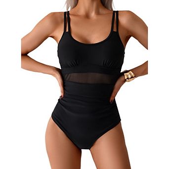 Women One Piece Swim Suits Modest Slim Fit Bathing Suit Mesh Swimwear Double Shoulder Straps