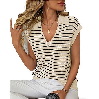 Women's Striped Sleeveless Polo Knit Top V-Neck Collared Casual Sweater Vest