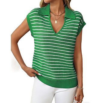 Women's Striped Sleeveless Polo Knit Top V-Neck Collared Casual Sweater Vest