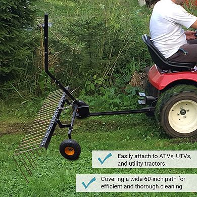 60-Inch Tow Behind Dethatcher & Lawn Sweeper, Lawn Tow Dethatcher Rake for ATV, 24 Steel Tines