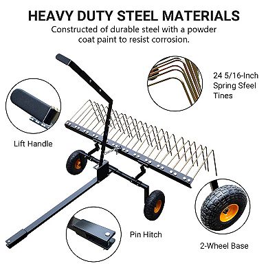 60-Inch Tow Behind Dethatcher & Lawn Sweeper, Lawn Tow Dethatcher Rake for ATV, 24 Steel Tines