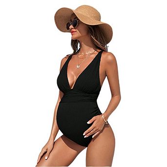 Women's Maternity One Piece Swimsuit Plus Size Loose Fit Pregnancy Swimwear with V-Neck Solid Color