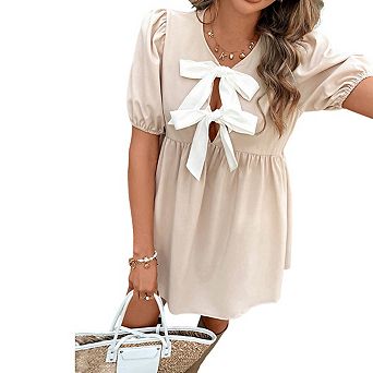 Womens V Neck Short Puff Sleeves Bow Detail Flowy Mini Babydoll Dress