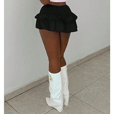 Women Y2K Layered Ruffle A Line Bodycon Pleated Versatile Solid Color with Lining Knit Short Skirts