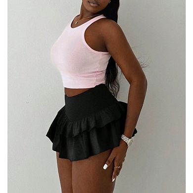 Women Y2K Layered Ruffle A Line Bodycon Pleated Versatile Solid Color with Lining Knit Short Skirts