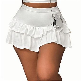 Women Y2K Layered Ruffle A Line Bodycon Pleated Versatile Solid Color with Lining Knit Short Skirts