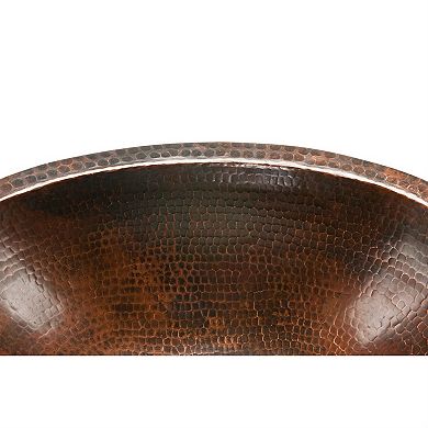 Rustic Oval Copper Bathroom Vessel Sink 17 Inch, Deck Mount Faucet Compatible, Brown