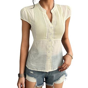 Womens Blouses Dressy Causal V Neck Pintuck Short Sleeve Business Tops