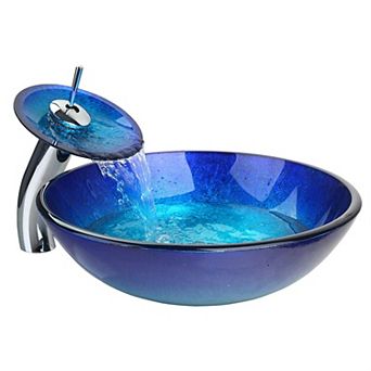Blue Glass Vessel Sink with Faucet and Chrome Drain, Round Above Counter Bathroom Vanity Bowl 16.5''