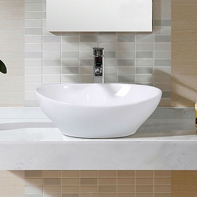 Contemporary White Oval Vessel Sink for Bathroom Vanity or Powder Room, 13.2 inches
