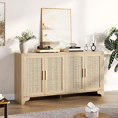 4-Door Sideboard Buffet Cabinet, Natural Rattan Storage Cabinet, Entryway Console Table & Coffee Bar