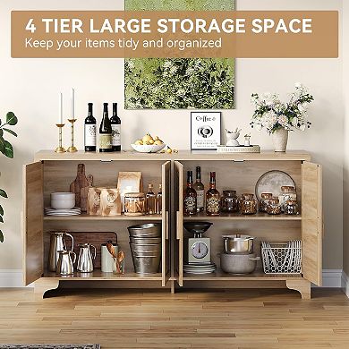 4-Door Sideboard Buffet Cabinet, Natural Rattan Storage Cabinet, Entryway Console Table & Coffee Bar