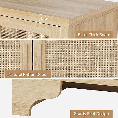 4-Door Sideboard Buffet Cabinet, Natural Rattan Storage Cabinet, Entryway Console Table & Coffee Bar