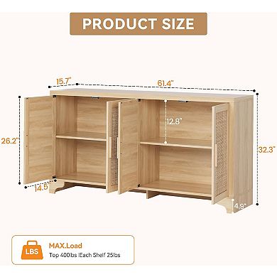 4-Door Sideboard Buffet Cabinet, Natural Rattan Storage Cabinet, Entryway Console Table & Coffee Bar