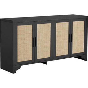 4-Door Sideboard Buffet Cabinet, Natural Rattan Storage Cabinet, Entryway Console Table & Coffee Bar