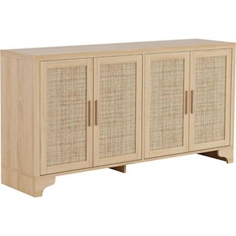 4-Door Sideboard Buffet Cabinet, Natural Rattan Storage Cabinet, Entryway Console Table & Coffee Bar