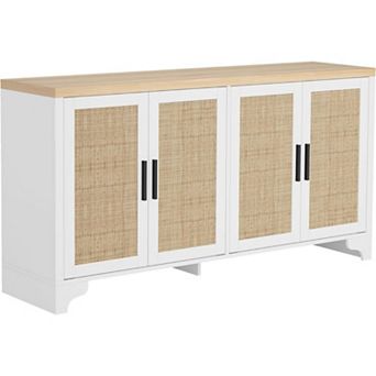 4-Door Sideboard Buffet Cabinet, Natural Rattan Storage Cabinet, Entryway Console Table & Coffee Bar