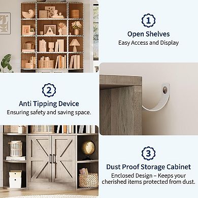 Tall Wooden Bookcase with Storage Cabinet and Adjustable Shelves