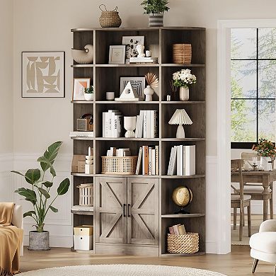 Tall Wooden Bookcase with Storage Cabinet and Adjustable Shelves