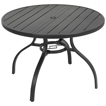 Outdoor 41'' Round Metal Dining Table with Umbrella Hole, Adjustable Feet, Slatted Tabletop, Black