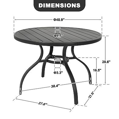 Outdoor 41'' Round Metal Dining Table with Umbrella Hole, Adjustable Feet, Slatted Tabletop, Black