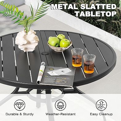 Outdoor 41'' Round Metal Dining Table with Umbrella Hole, Adjustable Feet, Slatted Tabletop, Black