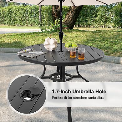Outdoor 41'' Round Metal Dining Table with Umbrella Hole, Adjustable Feet, Slatted Tabletop, Black