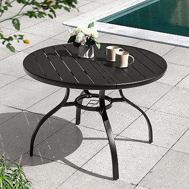 Outdoor 41'' Round Metal Dining Table with Umbrella Hole, Adjustable Feet, Slatted Tabletop, Black