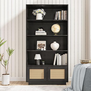 ANIXOL Boho Rattan 5-Tier Bookcase with Doors