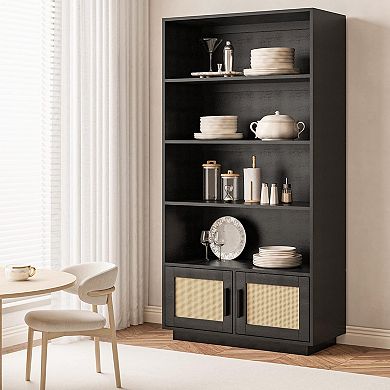 ANIXOL Boho Rattan 5-Tier Bookcase with Doors
