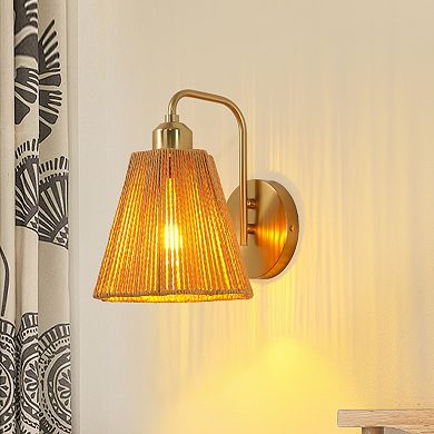 9" Modern Farmhouse Gold Iron Wall Sconce Light with Paper Rope Shade