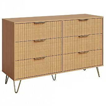 47" Wide Fluted Dresser with 6 Drawers, Modern Wooden Chest & Metal Handles