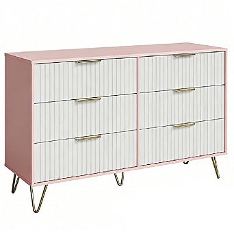 47" Wide Fluted Dresser with 6 Drawers, Modern Wooden Chest & Metal Handles