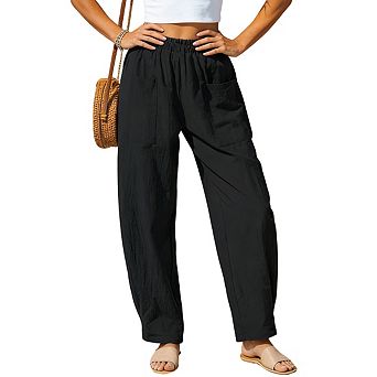 Womens Wide Leg Pants Elastic Waist Side Pockets Relaxed Fit Full Length Lightweight Trousers