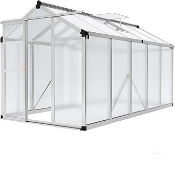 6x10 FT Walk-In Polycarbonate Greenhouse, Aluminum Outdoor Garden Greenhouse with Roof Vent
