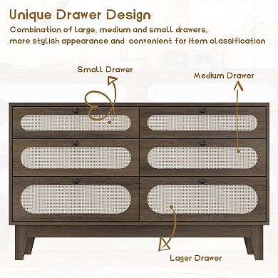 ANIXOL 6-Drawer Rattan Dresser with Charging Station