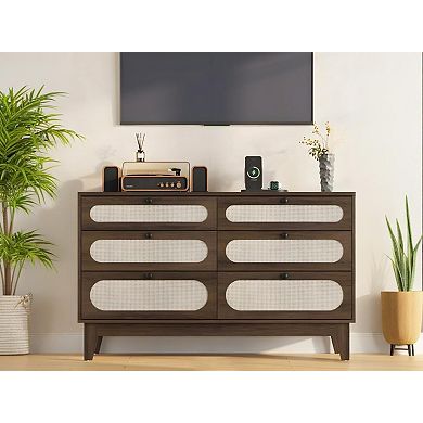 ANIXOL 6-Drawer Rattan Dresser with Charging Station