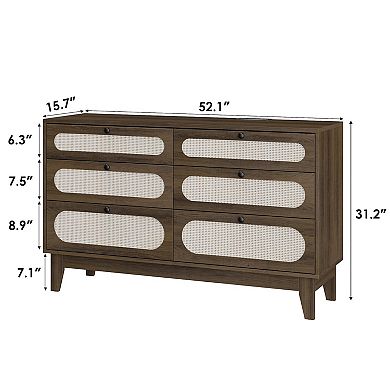 ANIXOL 6-Drawer Rattan Dresser with Charging Station