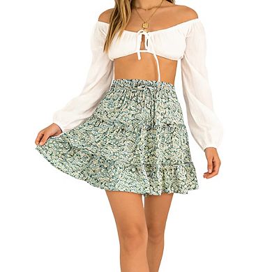Women's Elastic Waist Ruffled Layers Floral Print Side Pockets Lightweight Casual Mini Skirt