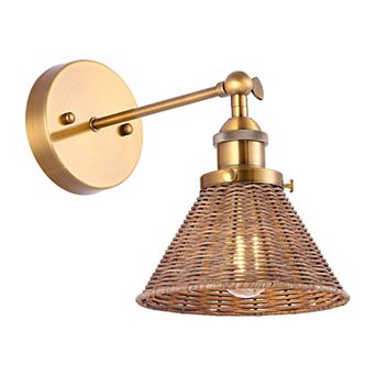 7" W Rustic Gold Wall Light with Rattan Shade