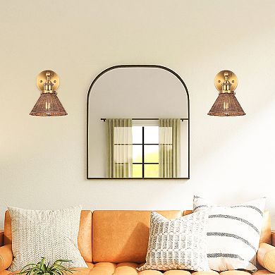 7" W Rustic Gold Wall Light with Rattan Shade