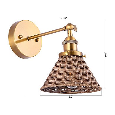 7" W Rustic Gold Wall Light with Rattan Shade