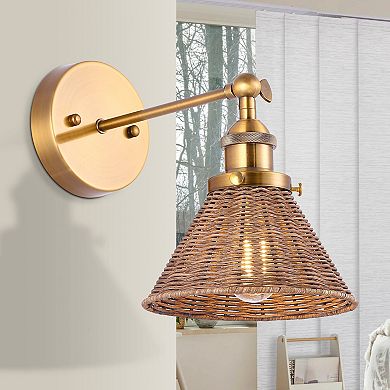 7" W Rustic Gold Wall Light with Rattan Shade