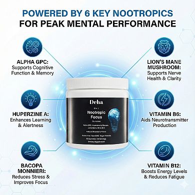 Focus Gummies Nootropic Brain Supplements - Vegan, Non-GMO, Gluten-Free 60 Ct