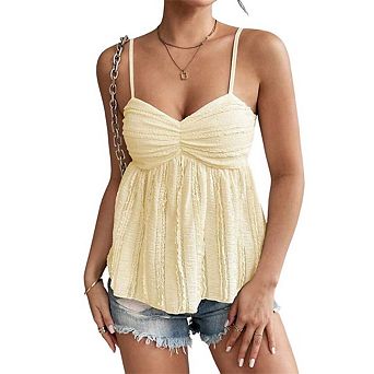 Women's Babydoll Tops Peplum Ruched Lace Trim Cami Cute Going Out Top Spaghetti Strap Camisole