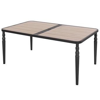 Outdoor 61'' x 37'' Rectangle Metal Dining Table with 1.6” Umbrella Hole, Wood-Grain Tabletop, Black